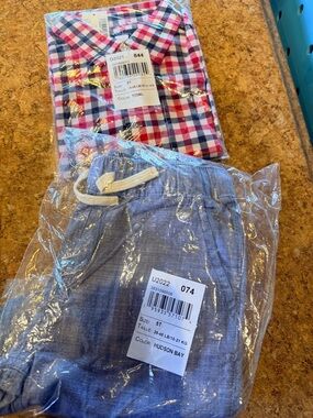 Two-Piece Outfit - Plaid Button Shirt & Drawstring Shorts